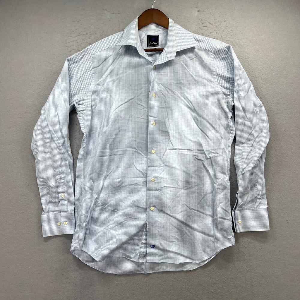 David Donahue Dress Shirt Mens 16 34/35 Blue Plaid Trim Fit Oxford Formal Work